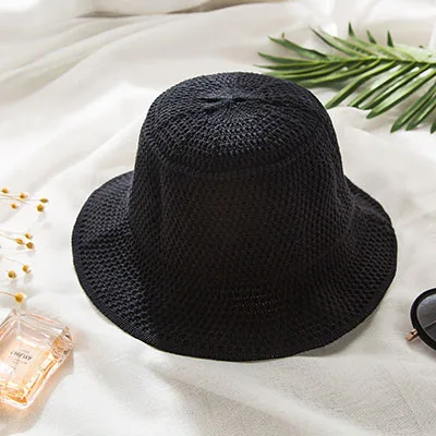 Летние корейские соломенные шляпы для женщин, одноцветная вязаная Панама, шляпа для путешествий, солнцезащитные козырьки, дышащие шапки ручной работы, складные - Цвет: Black