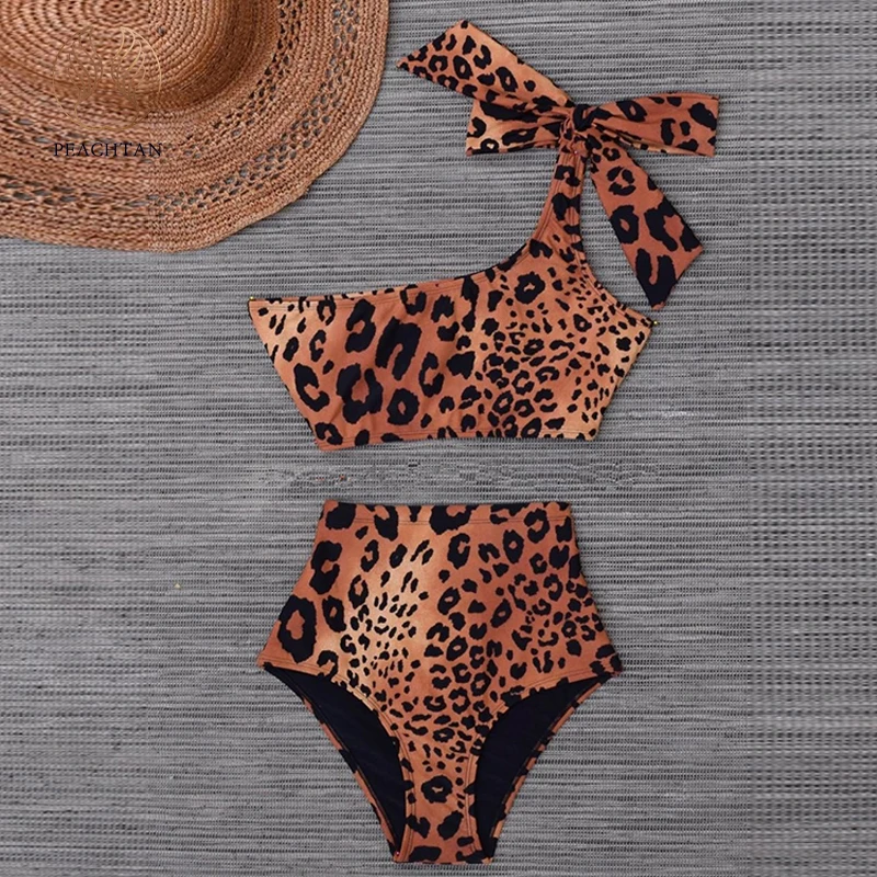 

Peachtan Sexy leopard swimsuit female One shoulder bikini set 2020 Bandeau swimwear women High waist bathing suit Knot bathers