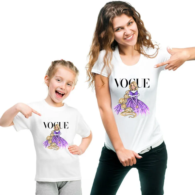 VOGUE Princess Print Mother and Daughter Outfits T-shirt Lovely Cartoon Family Matching Clothes Mommy and Me Tshirt Family Look