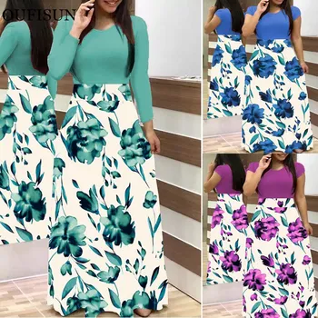 

Flower Dot Print Color Matching Long Sleeve High Waist Women Maxi Dress fashion spring Women Plus Size Bohemian Maxi Dress S-5XL