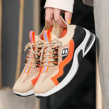 

2020 Mesh Sneakers Women Vulcanized Shoes Lace-Up Solid Flat Platform Knited Spring Autumn Wedges Air-cushion Shoes For Women