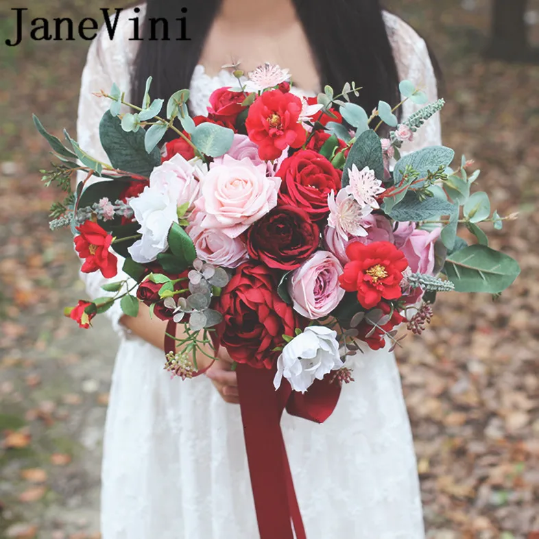 JaneVini Pink Rose Fleur Wedding Bouquet Red Artificial Silk Flowers Bridal Bride Peony Bouquet for Bridesmaids Ribbon 2019