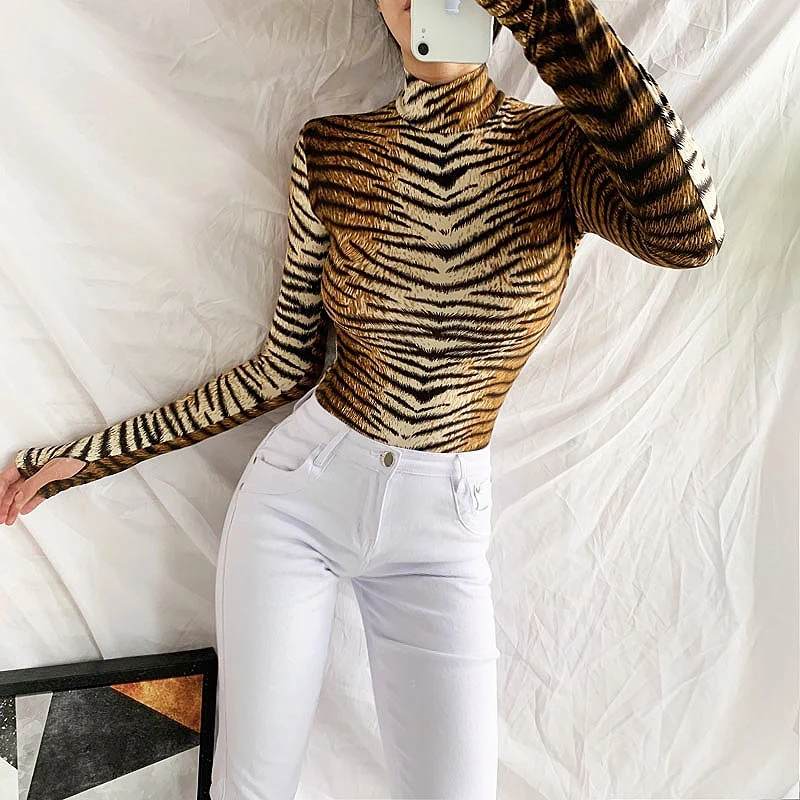 

2020 Sexy Leopard Bodycon Romper Jumpsuits Long Sleeve 3D Tiger Mock Bodysuits Short Skinny Body Club Party Wear