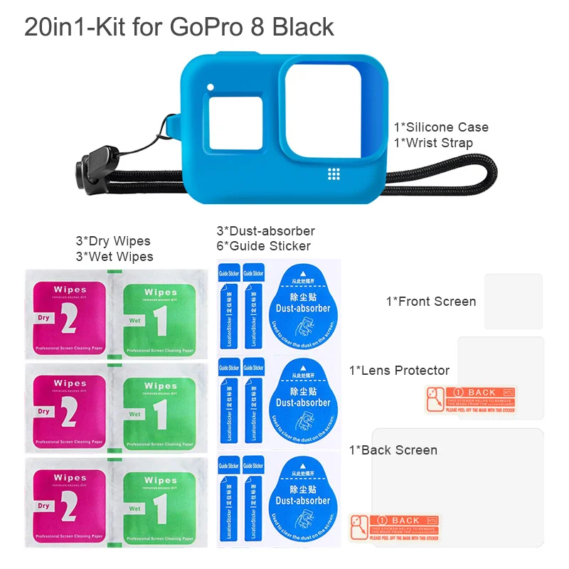 Силиконовый чехол для GoPro Hero 8, черное закаленное стекло, защита экрана, защитная пленка для объектива, чехол для Go Pro 8, аксессуары - Colour: Blue