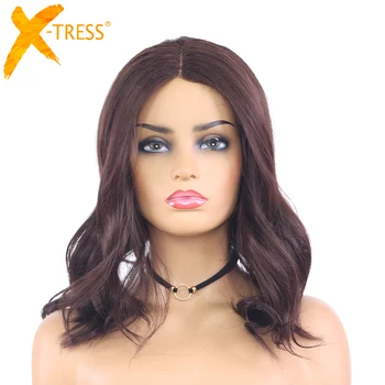 

Medium Brown Natural Wave Synthetic Lace Part Wigs For Women X-TRESS Shoulder Length Ombre Color Heat Resistant Fiber Hair Wigs