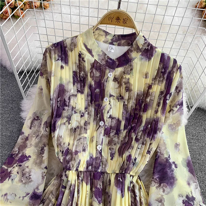 Spring Autumn Bohemian Women Tie Dye Printed Pleated Long Dress Boho Stand Collar Puff Sleeve High Waist Draped Maxi Vestido New a line dress