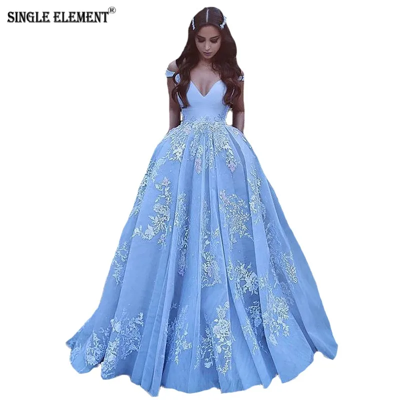 

SINGLE ELEMENT A-line Evening Dress Blue Lace Prom Dresses
