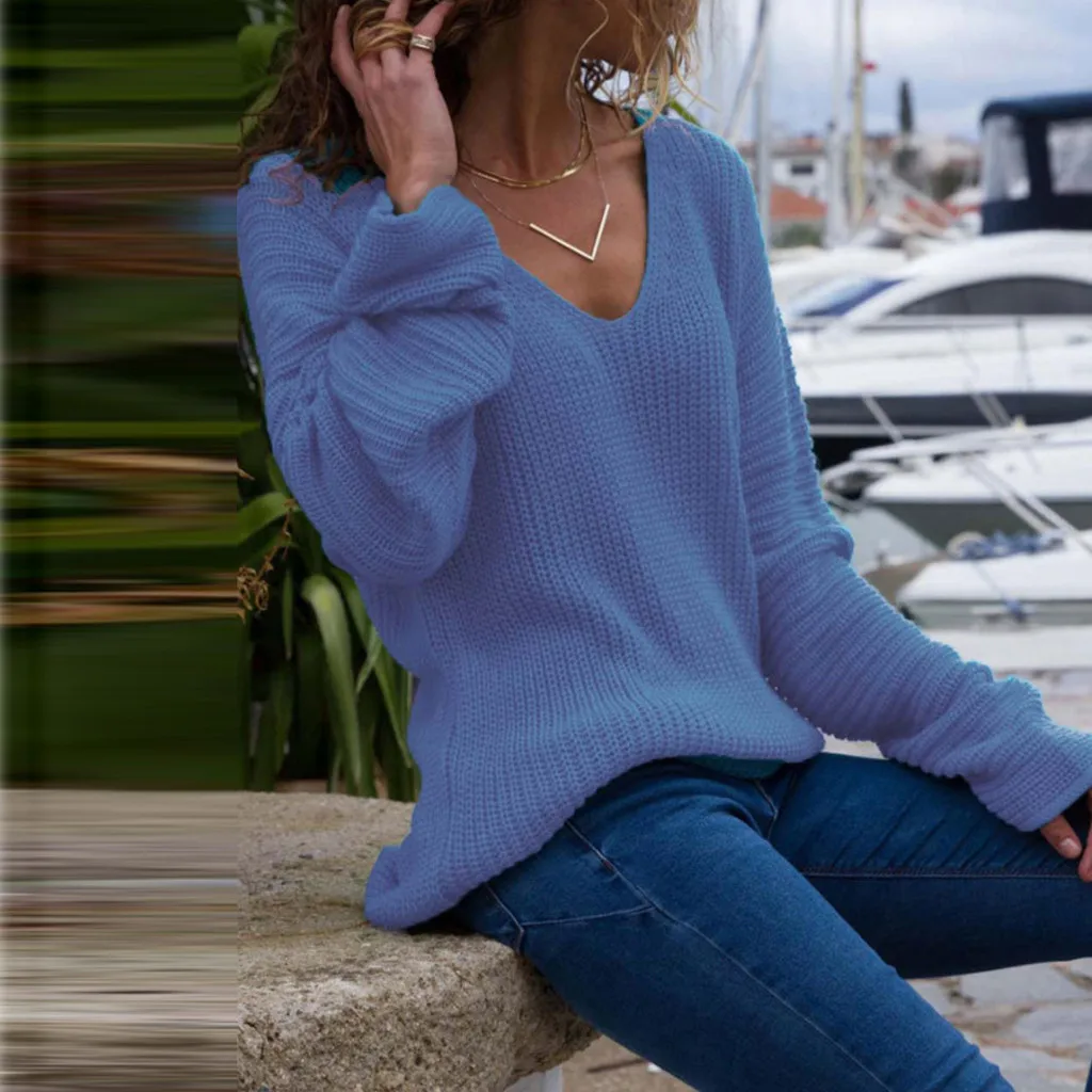 Женский свитер с v-образным вырезом, Осенний сексуальный пуловер, однотонный вязаный свитер с длинным рукавом, красная короткая блузка, топы, robe pull femme hiver - Цвет: Синий