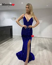 Robe de soirée sirène Sexy, dos nu, fente haute, bleu Royal, bretelles Spaghetti, paillettes, velours, longue, extensible, robe de soirée