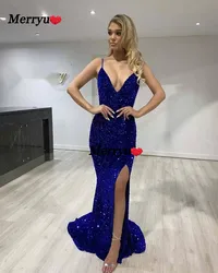 Sexy Backlesss High Split  Mermaid  Royal Blue Prom Dress   Spaghetti Straps Sequins Velvet Long Stretchy Evening Party Gown