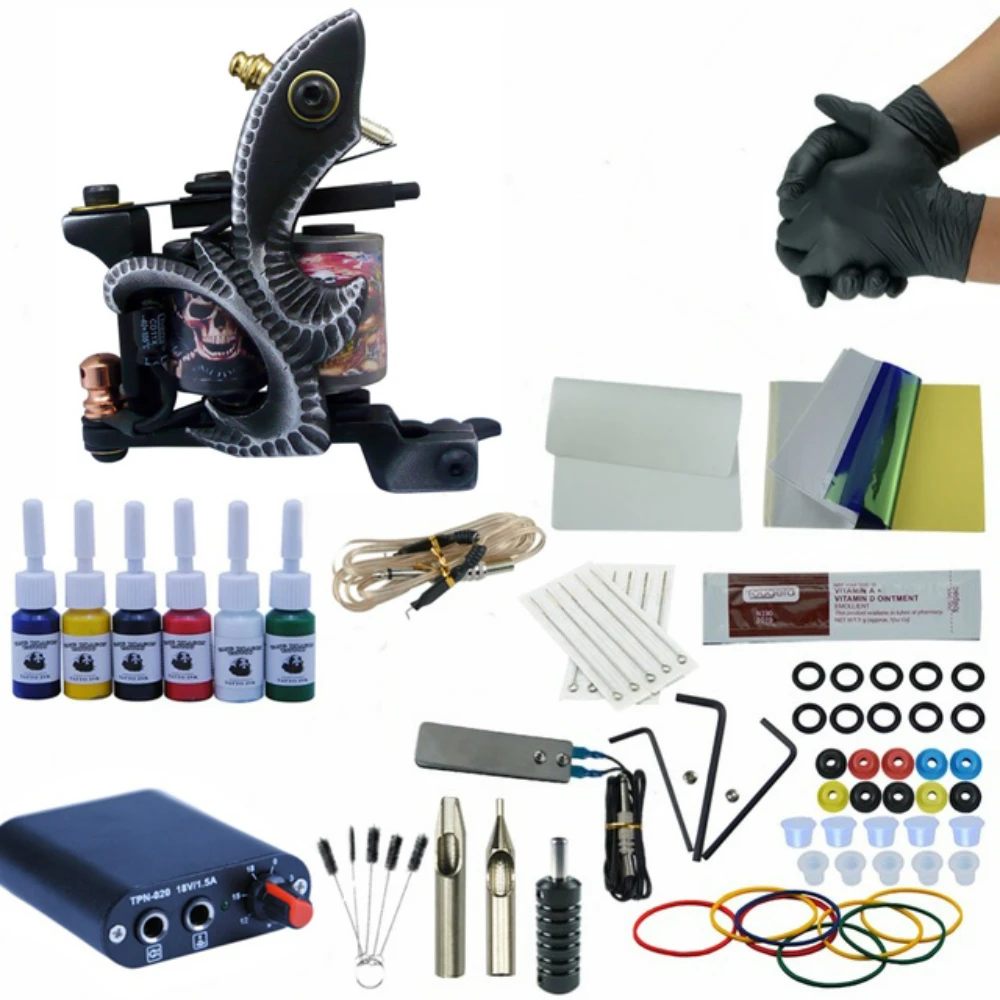 

High Quality Machine With Needles Black Power Supply Single Tattoo Gun Set Permanent Make Up Professional Tattoo Kit Set