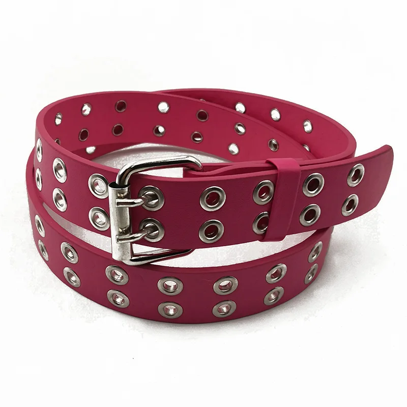 red 2k belt Женский ремень в стиле панк, модный, женский, регулируемый, черный, с двойными ушками, с пуговицами, кожаный пояс, индивидуальный джинсовый ремень - Цвет: red 2k belt
