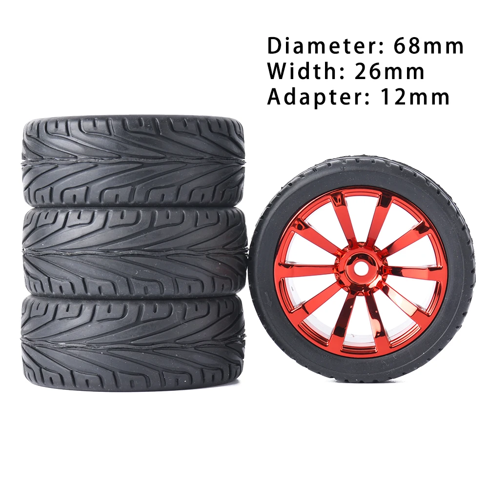 4pcs Soft Rubber Black Racing Tires Red Plastic Wheels for 1/10 RC Model Racing Car HPI HSP 94123 94122 Traxxas 4-TEC MST