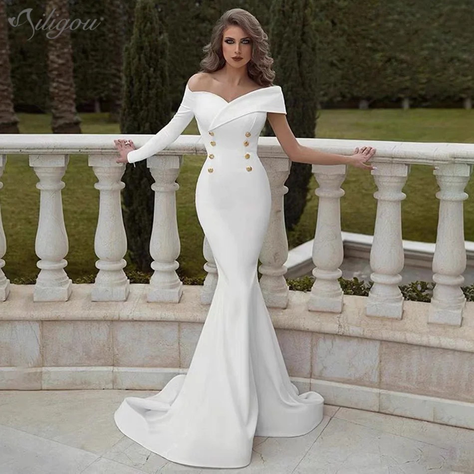 Ailigou Elegant Wit Lange Mermaid Dubai Avondjurk 2020 Off Shoulder Een Mouw Sexy Prom Jurk Knop Formele Banket Jurk Ailigou Elegant Wit Lange Mermaid Dubai Avondjurk 2020 Off Shoulder Een Mouw Sexy Prom Jurk Knop Formele Banket Jurk