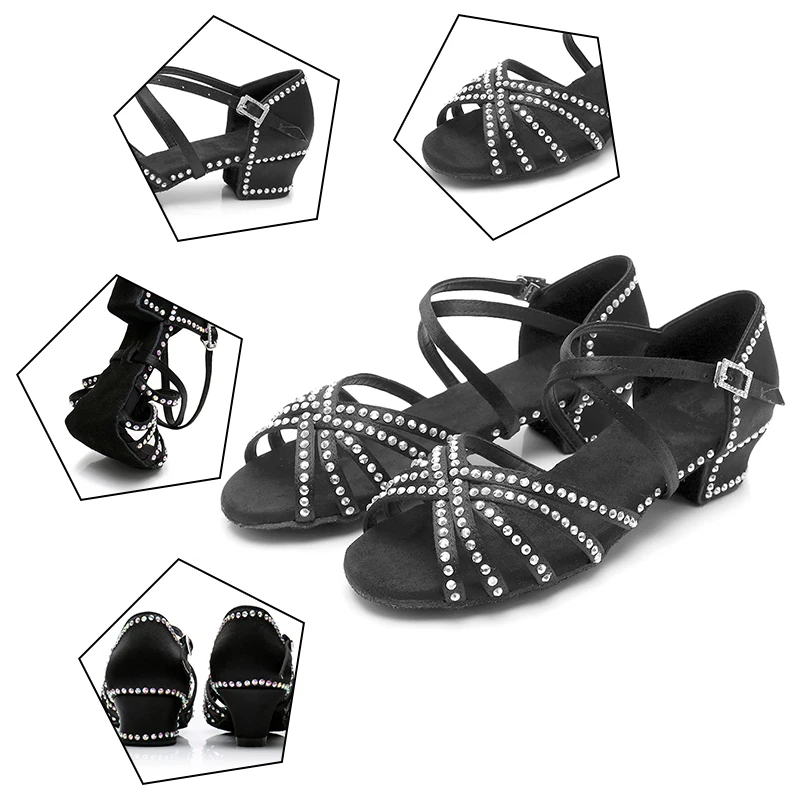 HROYL Latin Dance Shoes for Girls Women Ladies With Rhinestone Ballroom Modern Tango Dancing Performance Shoes 3.5/4CM Heels 5