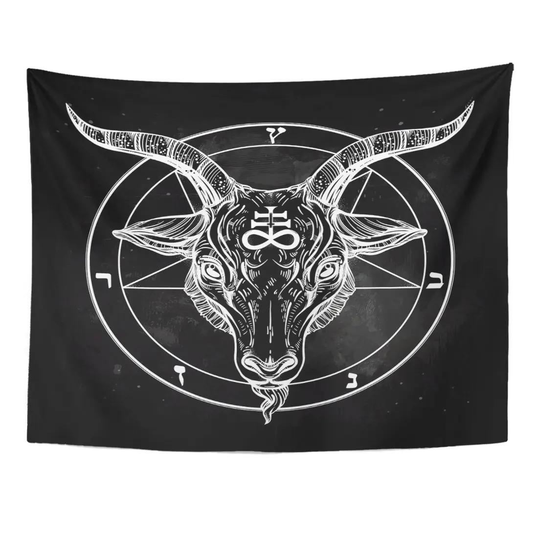 Pentagram with Demon Baphomet Satanic Goat Head Binary Symbol Tattoo Retro Music Summer for Biker Black Tapestry Home Decor Wall | Дом и сад