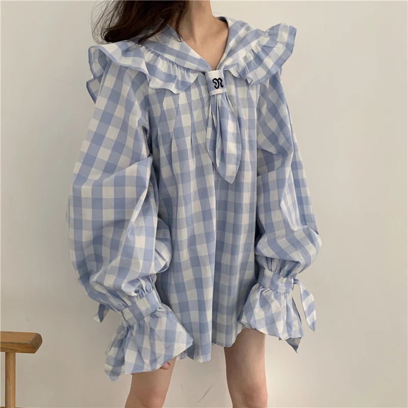 

So Cute Sailor Girl Ruffles Lantern Sleeve Blouse Long Women Shirt with Tie Kawaii Chemise Femme Chemisier Blusa Mujer Camisa
