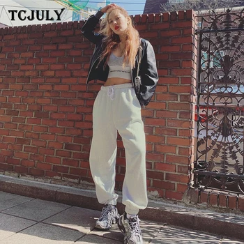 

TCJULY New Design Solid High Waist Sweatpants Women Drawstring Loose Casual Trousers With Velvet Thick Jogger Pants With Pockets