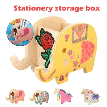 

Elephant Woodiness Storage Box Pencil Holder Brush Pot Creativity Pattern Pen Stationery Handmade Durable Container