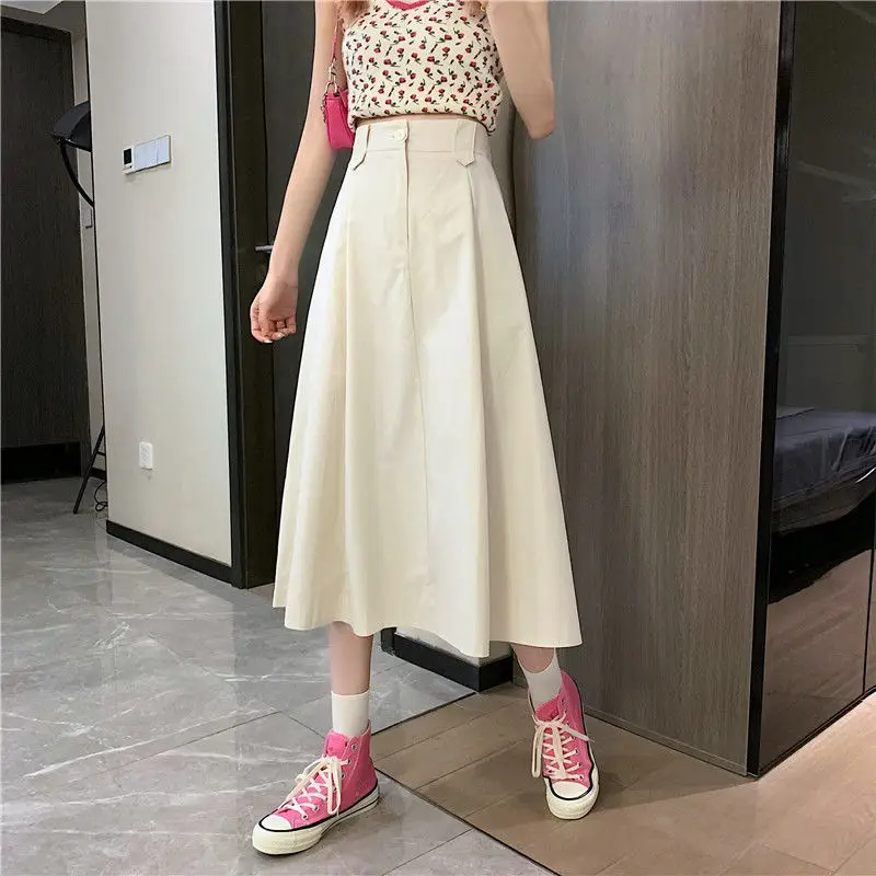 Korean Elegant Skirt for Women Summer Casual A-Line Kawaii Midi Skirt Female Designer Solid High Waist Fit Chic Sweet Skirt 2021 black midi skirt