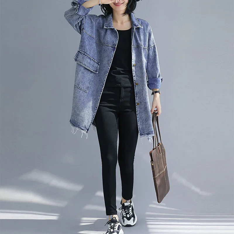 amazing  Plus Size Vintage Denim Coat Female Outerwear Loose Casual Long Outwear Tops 2019 Winter Fashion Lo