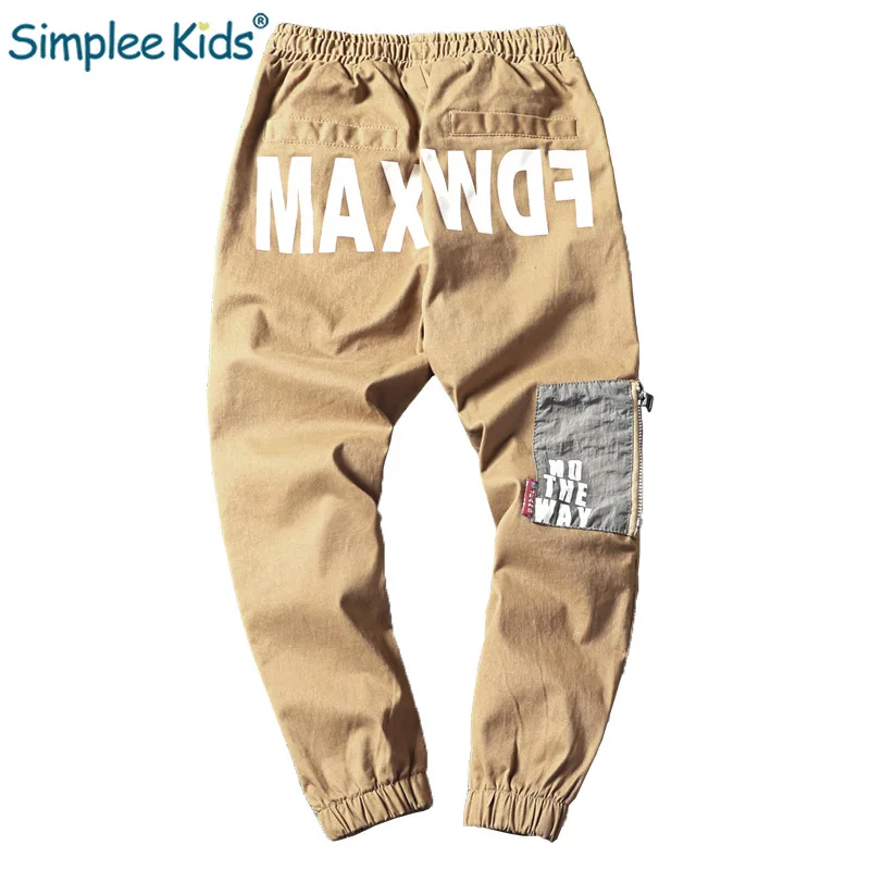 Simplee Kids Letter Boys Sport Pants Black Khaqi Army Green Long Trousers Leisure Soft Cotton Spring Costume Slim | Мать и ребенок
