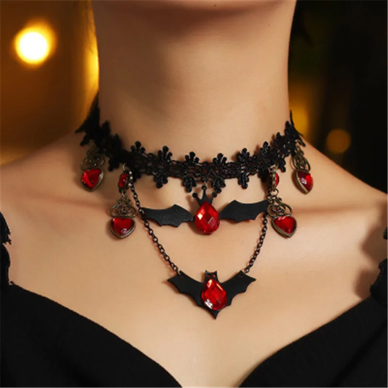 

2021 Collares Halloween Lace Choker Necklace Bat Crystal Vintage Chokers Necklaces & Pendants Statement Party Jewelry Gifts