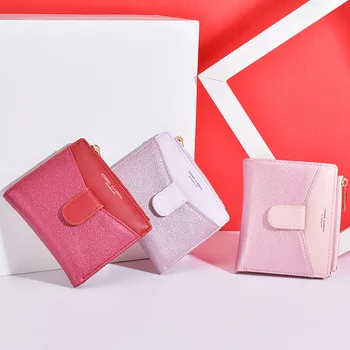 

Women New Fashion Glitter Design Coin Purse Ladie Short Paragraph Wallet Red PU Leather Coins Card Bag Luxury Brand Female