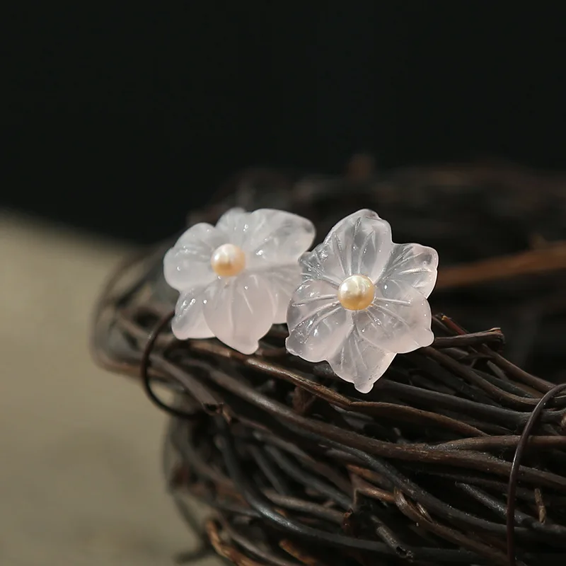 

Bebeoso Handmade Pink crystal carved flower earrings set with pink freshwater pearl silver needle stud earring for women jewelry