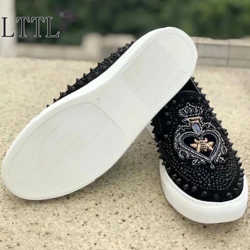 LTTL New Arrival Black Sneakers Suede Rivets Rhinestone Men Shoes Luxury Men Loafers Breathable Slip On Party And Prom Shoes