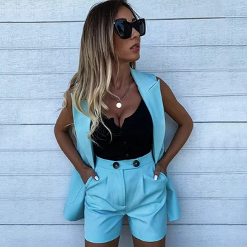 

Casual Fashion Career Vest Waistcoat Women Suit Vest Coat And Shorts Suit Solid Color Waistcoat Single Sleeveless Blazers Shorts