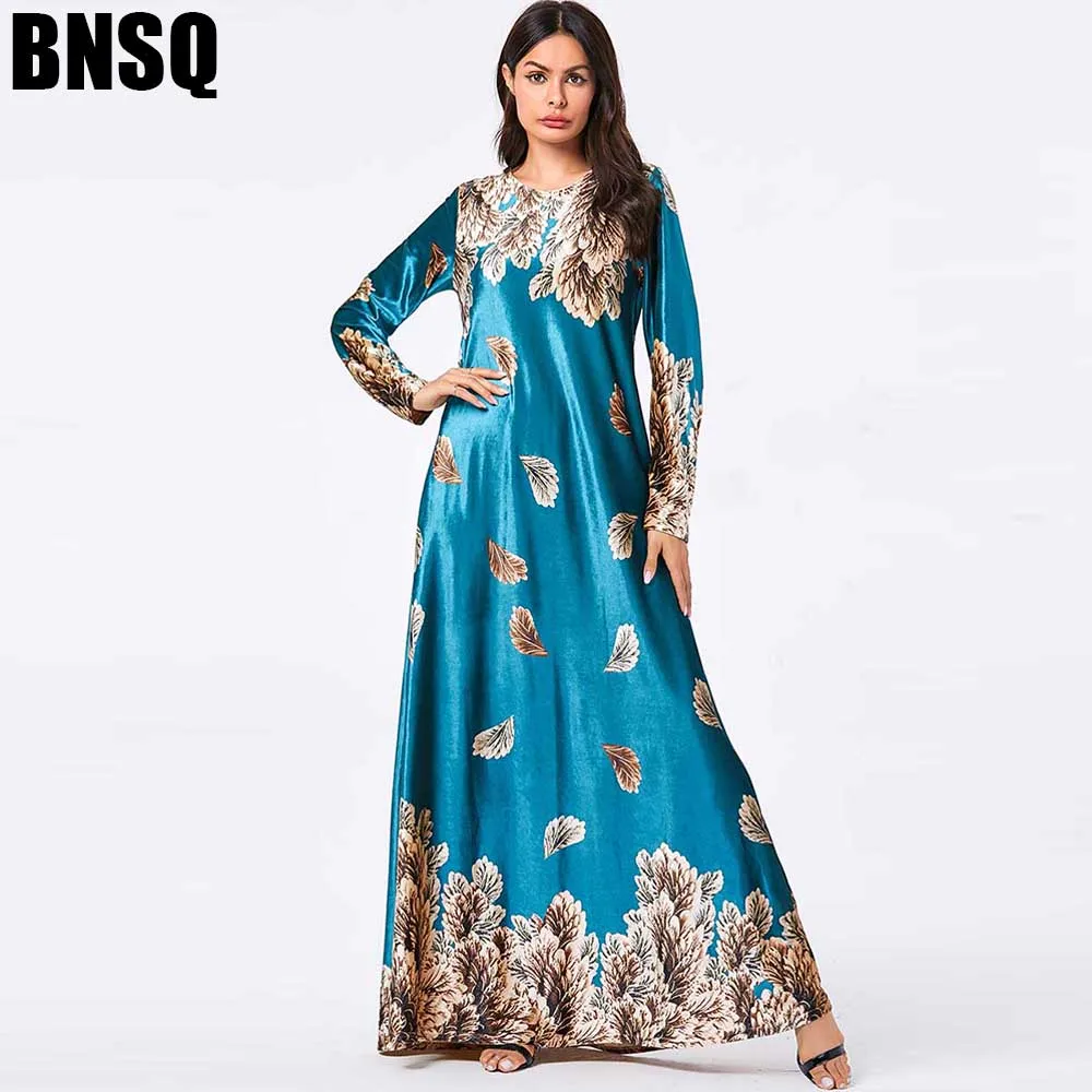 BNSQ Velvet Gold Thread Print Long Dress Blue Leaves Positioning Flower Round Neck Sleeve Mopping Dresses Vintage Girls | Тематическая