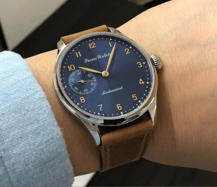 

44mm PARNIS blue dial 6497 Mechanical Hand Wind movement High quality pilot men's watch wholesale pa210-p8