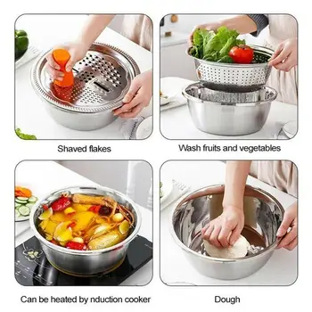 

3pcs Stainless Steel Pot Vegetable Cutter Slicer Drain Basket Sieve Colanders Kitchen Tool Grater Strainer Rice Washing Filter