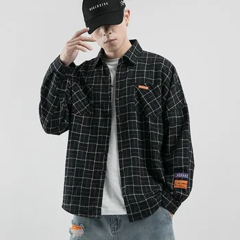 

Japanese Style Men's Shirt Men's 2019 Autumn New Plaid Cardigan Turn-down Collar Long Sleeve Shirt Jacket