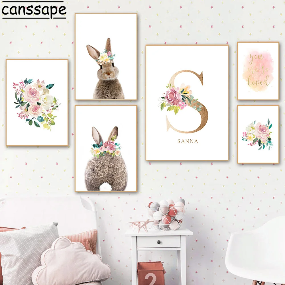 Custom Name Wall Art Painting Rabbit Tail Canvas Poster Baby Bunny Print Flower Posters Nursery Pictures Girl Bedroom Decor | Дом и сад