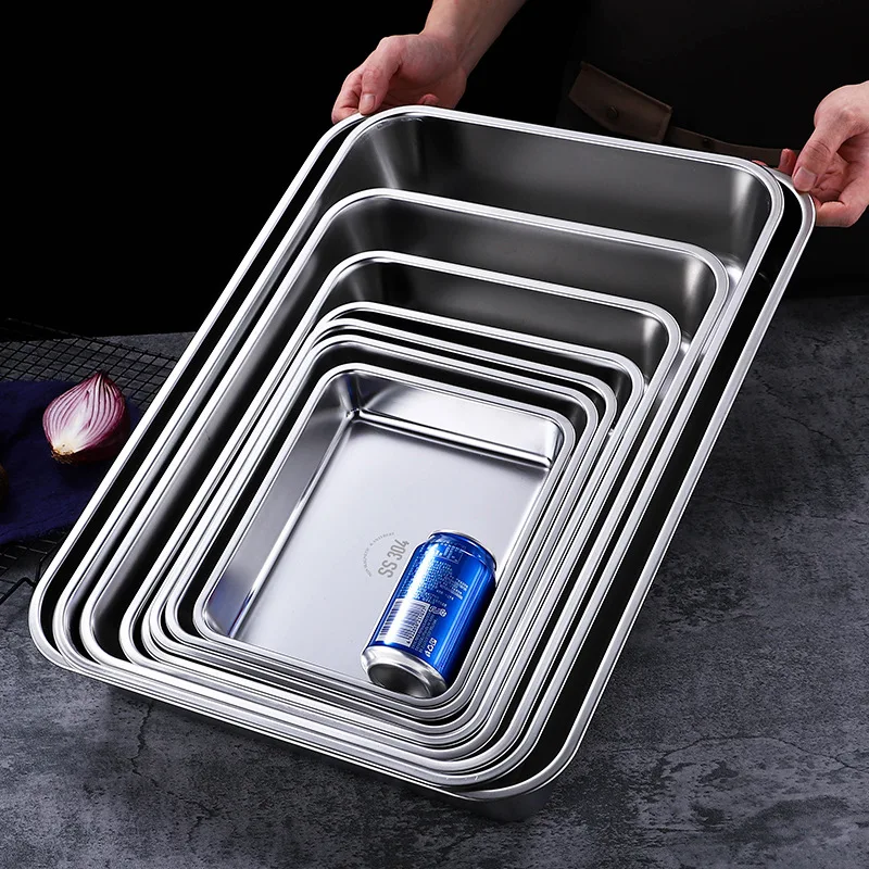 Durable 304 Stainless Steel Food Storage Tray Rectangle Pan Buffet Plates Cake Bread Bakeware Kitchen Organizer Dish 3
