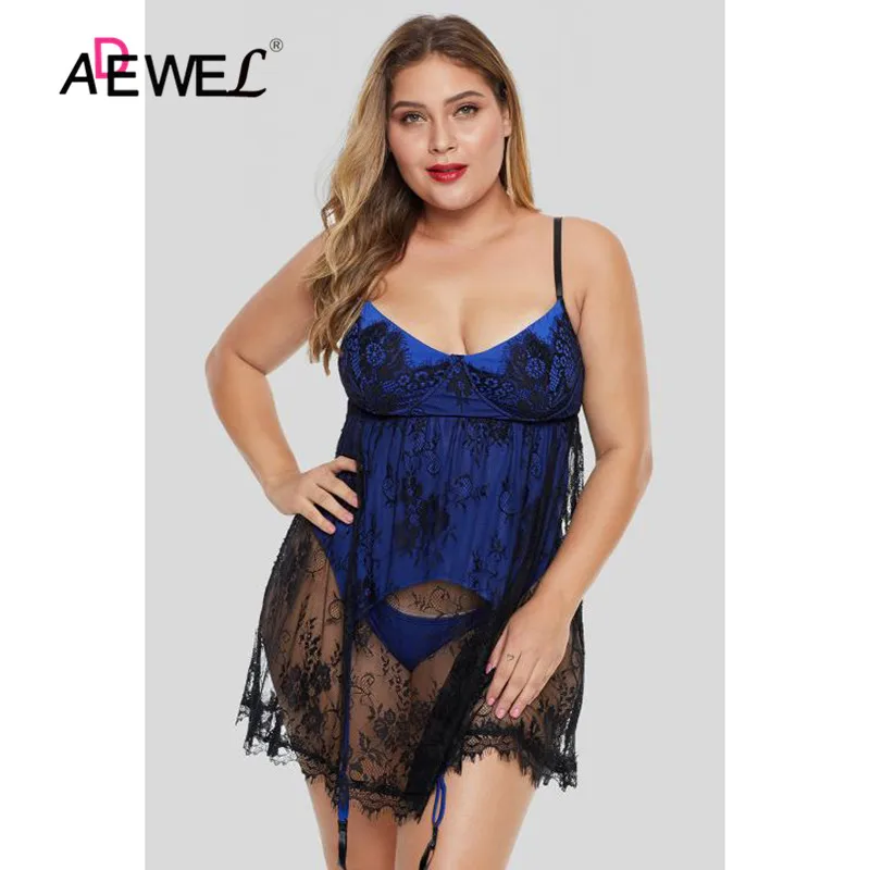 Комплект Babydoll размера плюс с кружевом для ресниц ADEWEL Набор голубые комбинезоны
