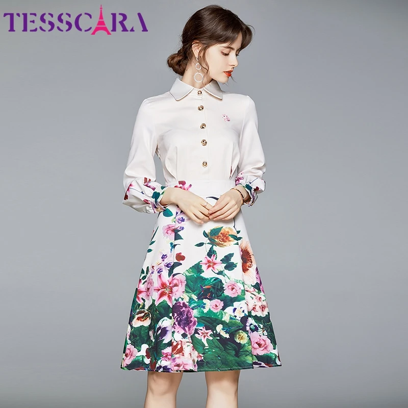 TESSCARA Women Spring Elegant Floral Dress Festa High Quality Long Vintage Party Robe Femme Ruffle Designer Chiffon Vestidos | Женская