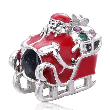 

New 925 Sterling Silver Bead Charm Merry Christmas Red Sleighing Santa With Crystal Bead Fit Pandora Bracelet Bangle DIY Jewelry