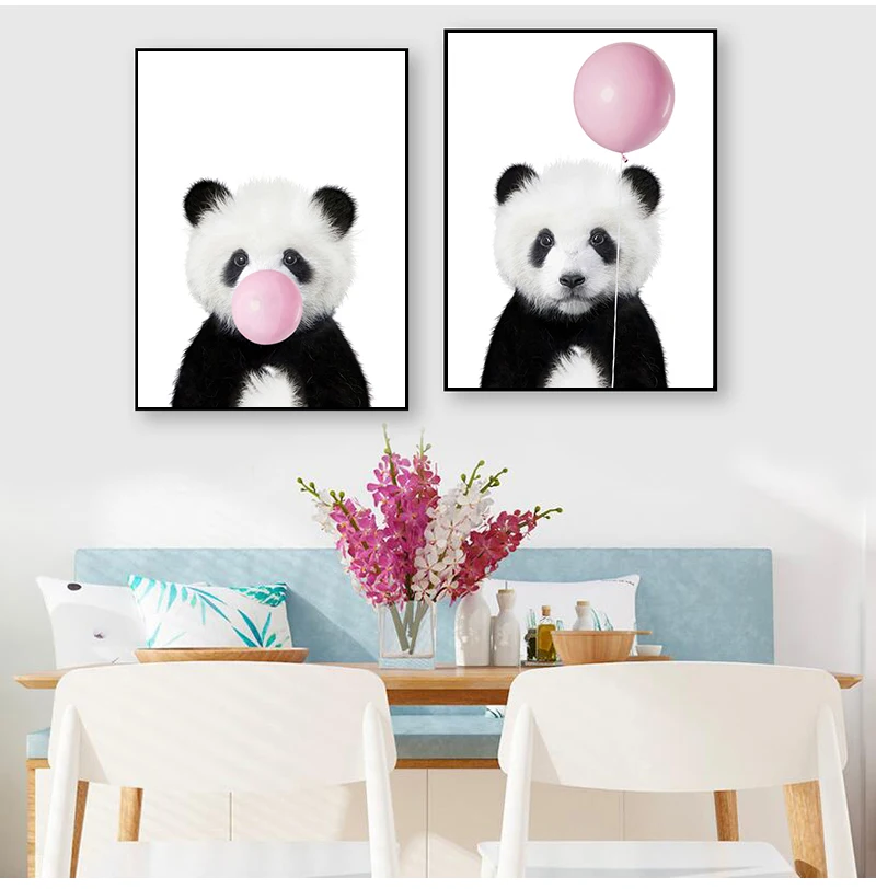 Cute Pink Balloon Baby Shower Gift Canvas Painting Baby Panda Print Animal With Bubble Gum Poster Nursery Wall Art Picture Decor