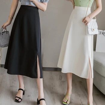 

Solid Color Half Skirt Women's High Waisted Slim Wrap Hip A-line Skirt 2020 Summer New Ins Large Swing Mid Length Skirt