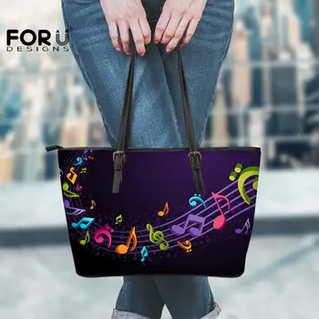 

FORUDESIGNS Ladies Leather Shoulder-Bags PU Tote Bags For Female Musicial Notes Printing Vintage Romantic Pattern Big Hand-bags