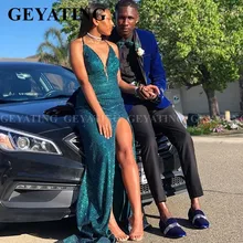 Блестящие Русалка в африканском стиле изумрудно-зеленый, на выпускной, платье с разрезом на тонких бретелях с v-образным вырезом, сексуальное, длинное платье для выпускного торжественное Выходное платье для торжества