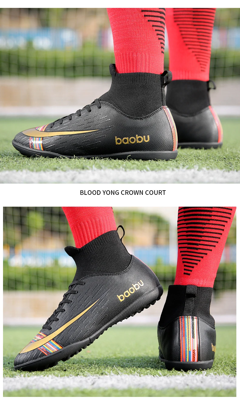 Mens Football Boots Soccer Cleats Boots Long Spikes TF Spikes Ankle High Top Sneakers Soft Indoor Turf Futsal Soccer Shoes Men