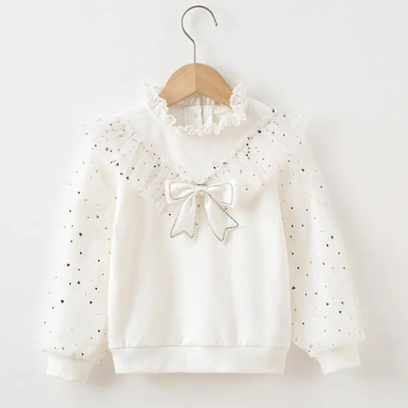 Spring Autumn Toddler Teen Girls Cotton Blouse White Bow Lace Long Sleeve Shirts Kids Pullover Tops Children Clothes 3-12 Years kids shirts