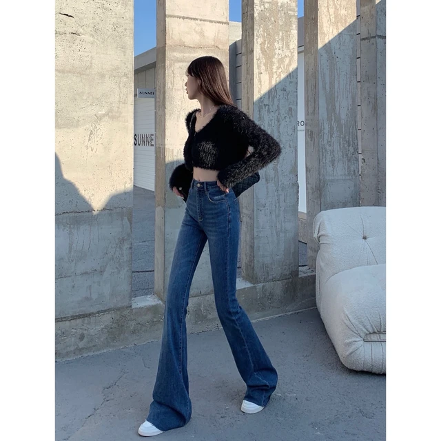 Flare Jeans Women Bleached Korean Style Chic Slim Trendy Stretchy Hipster  Retro Elegant Ulzzang College Street Full Length Lady