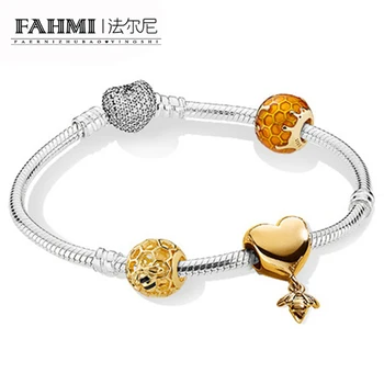 

FAHMI 100% 925 Sterling Silver New Bracelet Set Love And Bees 18K Gold Color Luxury Bracelet Suit Suitable DIY Gift
