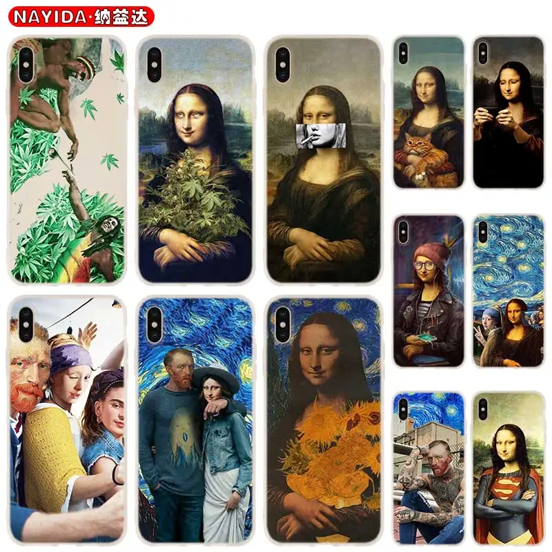 Soft Case For iPhone 13 12 11 Pro X XS Max XR 6 7 8 G Plus SE 2020 Mini Cover Van Gogh Mona Lisa Funny Art | Мобильные телефоны и