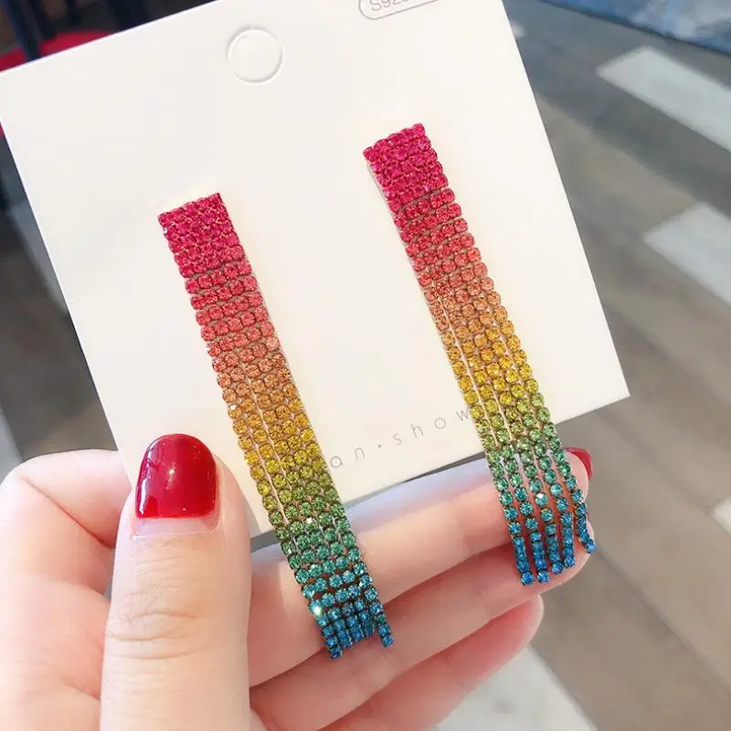 

Fashion Multicolor Gradient Drop Earrings Multi-layer Rhinestone Rainbow Earring Long Tassel Earrings For Women Jewelry